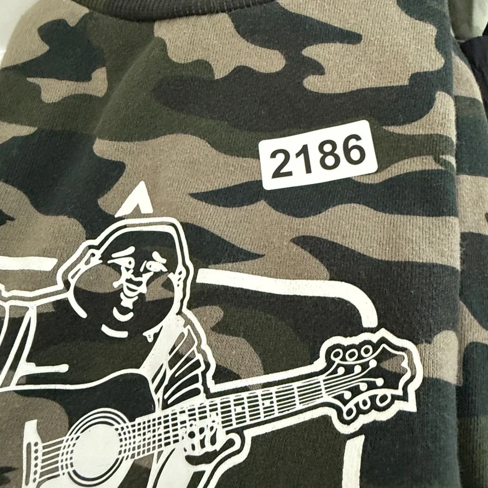 True Religion Mens Camo Buddha Guitar Graphic Crewneck Sweatshirt Large Green